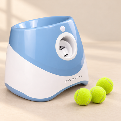 Blue LIFE HACKS automatic dog ball launcher with three 2-inch mini tennis balls