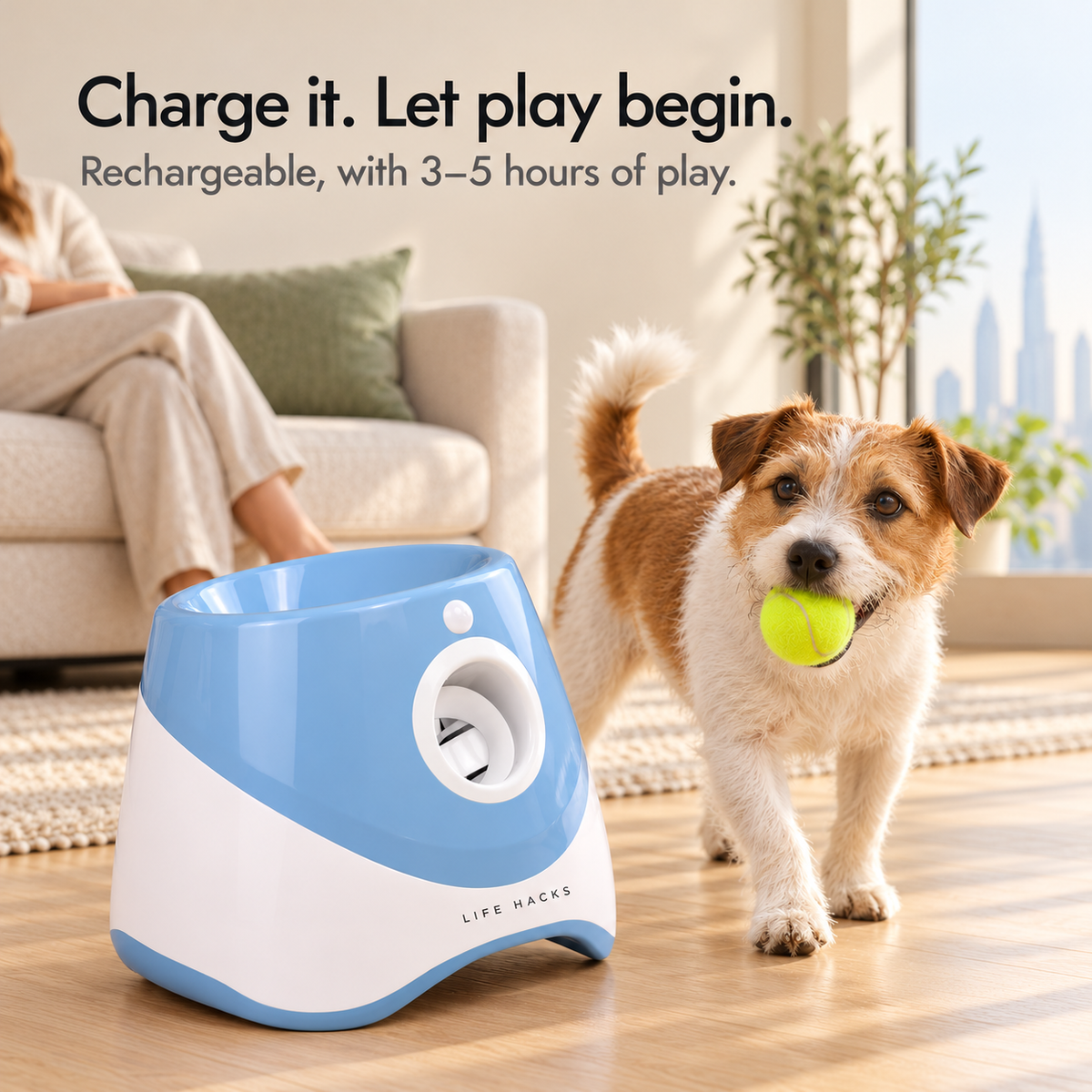 Rechargeable blue dog ball launcher with 3–5 hours of play