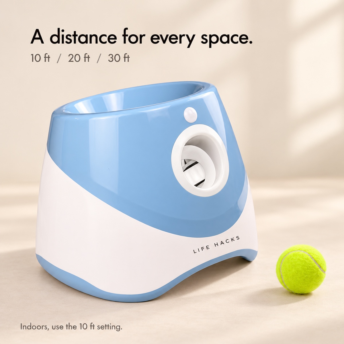 Blue automatic dog ball launcher with 10, 20 and 30 ft distance settings