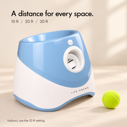 Blue automatic dog ball launcher with 10, 20 and 30 ft distance settings