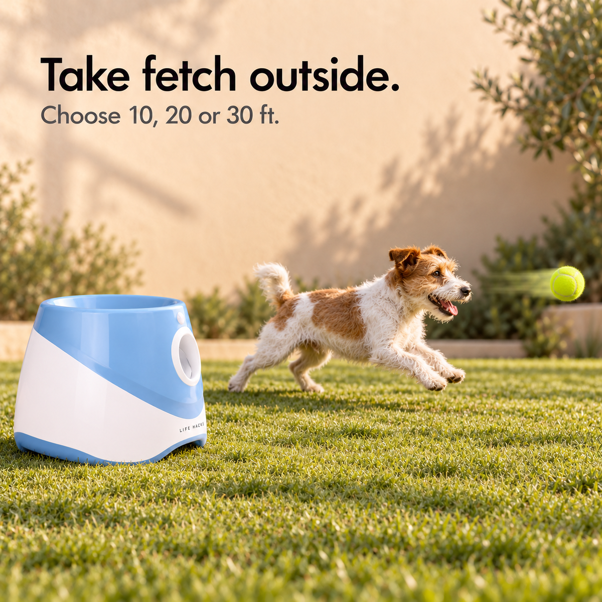 Dog chasing a tennis ball launched outdoors by the blue LIFE HACKS ball launcher