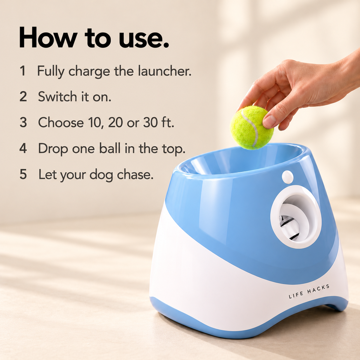How to use the dog ball launcher: charge, switch on, choose distance, load one ball and play
