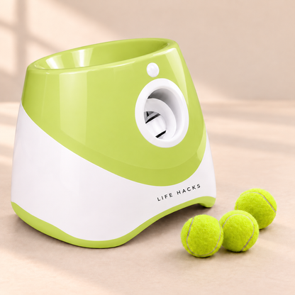 Green LIFE HACKS automatic dog ball launcher with three 2-inch mini tennis balls