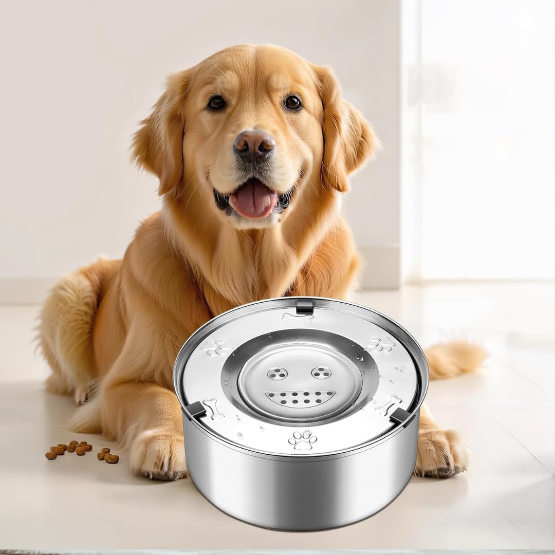 Non-Spill Stainless Steel Slow Drinking Bowl for Dogs & Cats (1L)