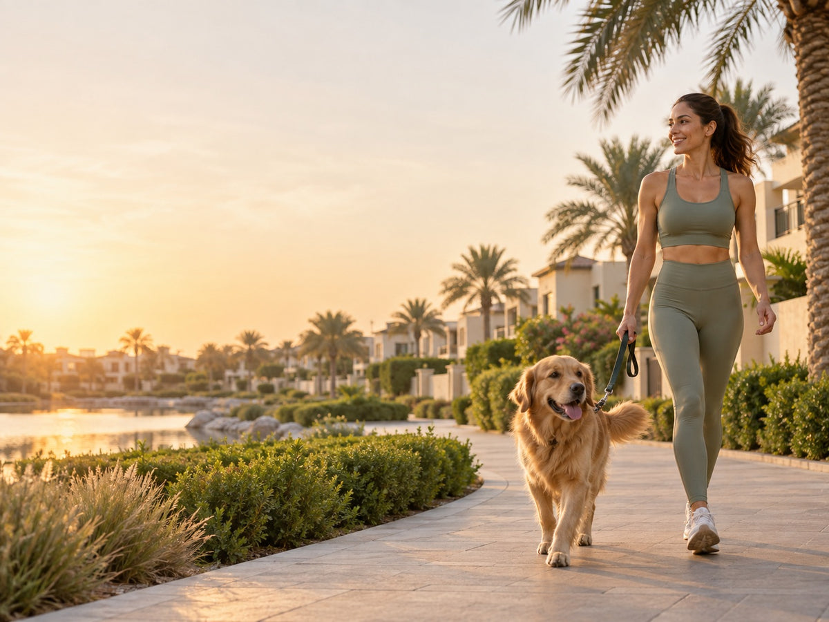 Woman walking a golden retriever along a palm-lined path